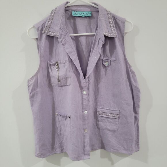 Vintage Womens Linen Button Up Shirt Size XL Purple Rhinestones Western - Picture 1 of 7